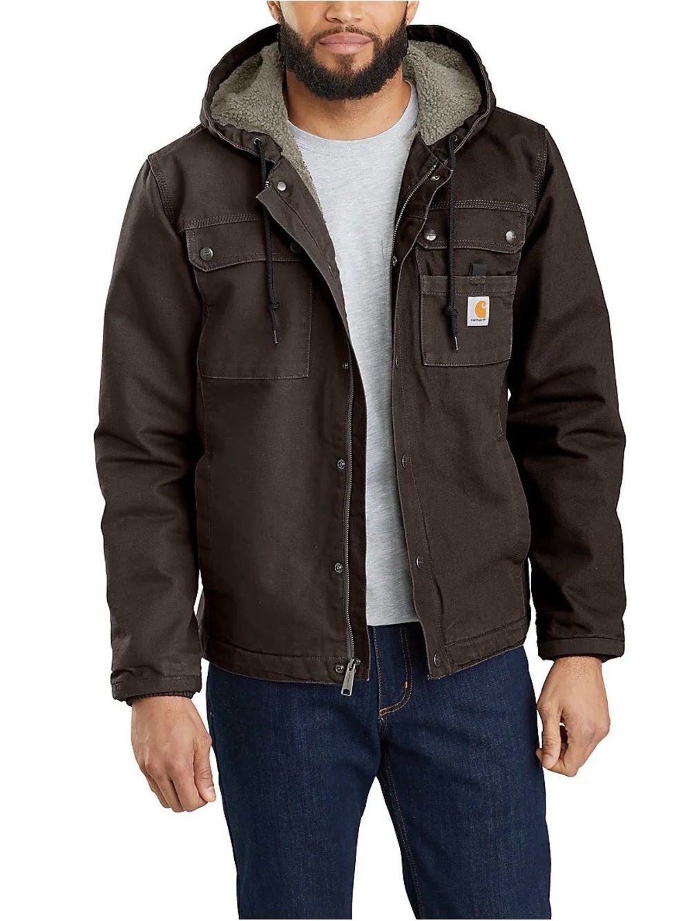 Carhartt Washed Duck Bartlett Jacket Mens XL Dark Brown Hooded Sherpa Utility